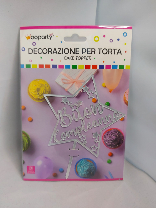 Cake Topper Buon Compleanno Argento Stella