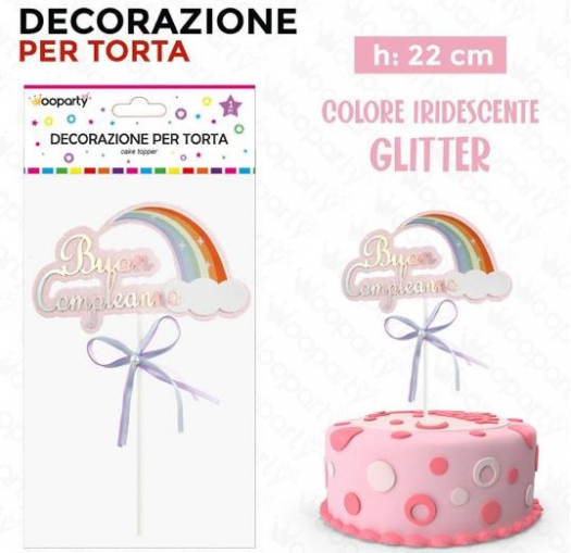 Cake Topper Buon Compleanno Arcobaleno Glitter Rosa