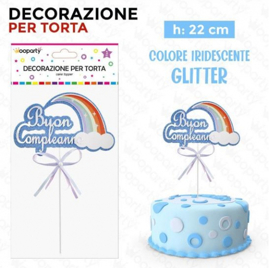 Cake Topper Buon Compleanno Arcobaleno Glitter Celeste